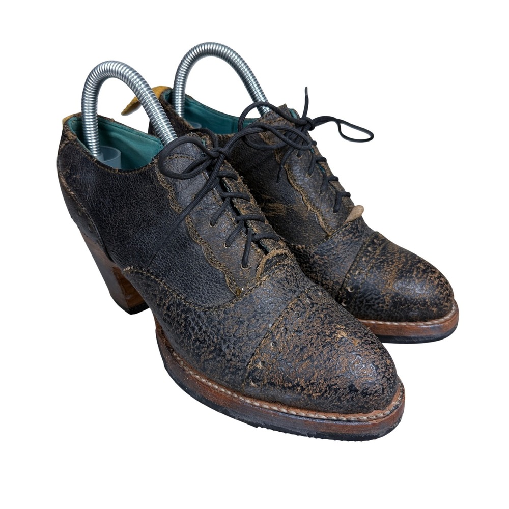 Bed Stu Oxford Heels Women 8 Brown Distressed Leather Lace Up Cap Toe Block Heel